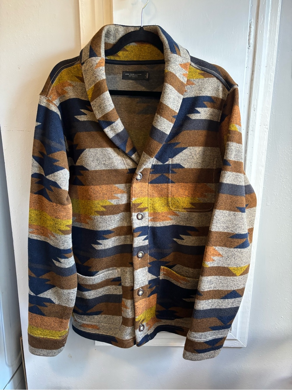 Junk Food Clothing Shawl Collar Patterned Jacket - Brown Navy Yellow Cream